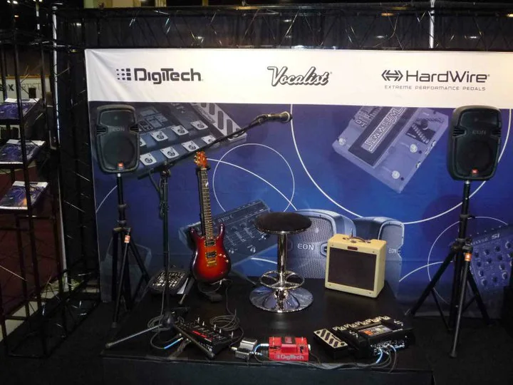 A Gelvin OPS guitar displayed in the Digitech booth at NAMM